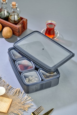 6'lı Kare Bölmeli Kapaklı Çizgili Vakumlu Kahvaltılık Seti 1 3,5 Lt + 6 350 Ml Antrasit Antrasit