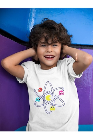 Sevbano Tasarım Pacman Baskılı Unisex Oyun Çocuk Tişört 1-12 Yaş Beyaz