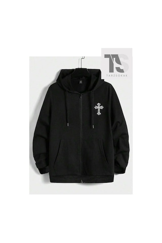 Tarzsokak Haç Sembol Sweatshirt Fermuarlı Hırka Siyah