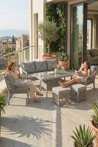 Tulipa Serisi Balkon Oturma Takımı, 1 Adet Üçlü 2 Adet Tekli Koltuk Ve 1 Adet Orta Sehpa Gri Rattan Gri Minder