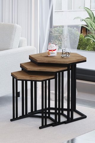 Tokyo 3'lü Zigon Sehpa Siyah Metal - Atlantik Çam Tabla