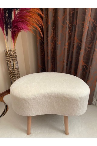 Fasulye Model Ahşap Ayaklı Teddy Kumaş Dekoratif Puf Beyaz