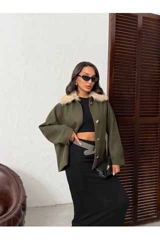 Verymoda Peluş Yakalı Dügmeli Kaşe Mont F2048 Haki