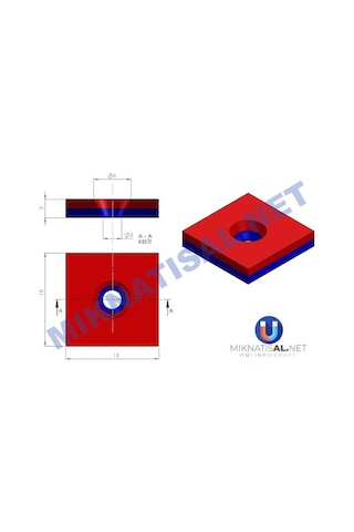 15X15X3Mm (6X3Mm) Havşalı Kare Güçlü Neodyum Mıknatıs 10 Adet