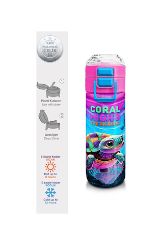 Coral High Kız Çocuk 500 Ml Okul Ve Günlük Paslanmaz Çelik Termos - Pembe Mor Kaplumbağa Desenli - Sızdırmaz Çok Renkli
