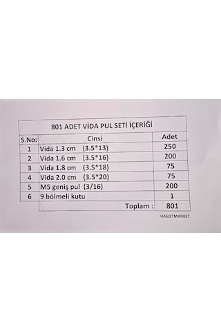 Vida Pul Seti - 801 Adet -9bölmeli Kapaklı Kutuda 13 MM
