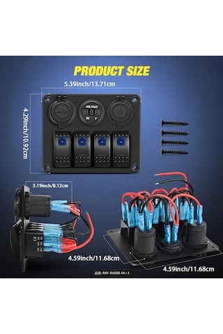 Motion003 Mavi Alüminyum Alaşımlı 4 Konumlu Şalter Paneli Ön Tesisatlı Çift Usb Girişli Gerilim Göstergeli 36v Kamyonet Karavan Tekne Yat