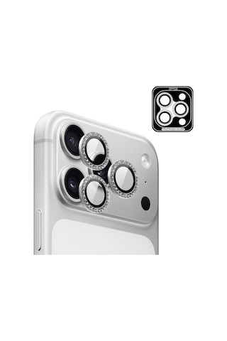 Apple iPhone Uyumlu 17 Pro / Apple iPhone Uyumlu 17 Pro Max İçin Ipg Prolens Kamera Lens Koruyucu Elmas Taş Çerçeveli, Kırılmaz Cam Gümüş