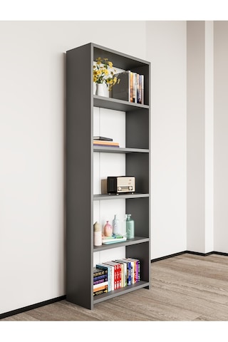 Alpa Ev Mobilya 5 Raflı Kitaplık, Modern Çok Amaçlı Ahşap Ofis, Salon Ve Mutfak Raf Dolabı Antrasit