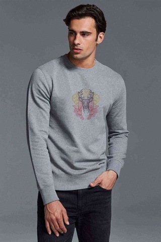 Mandala Geyik Baskılı Gri Erkek Örme Sweatshirt