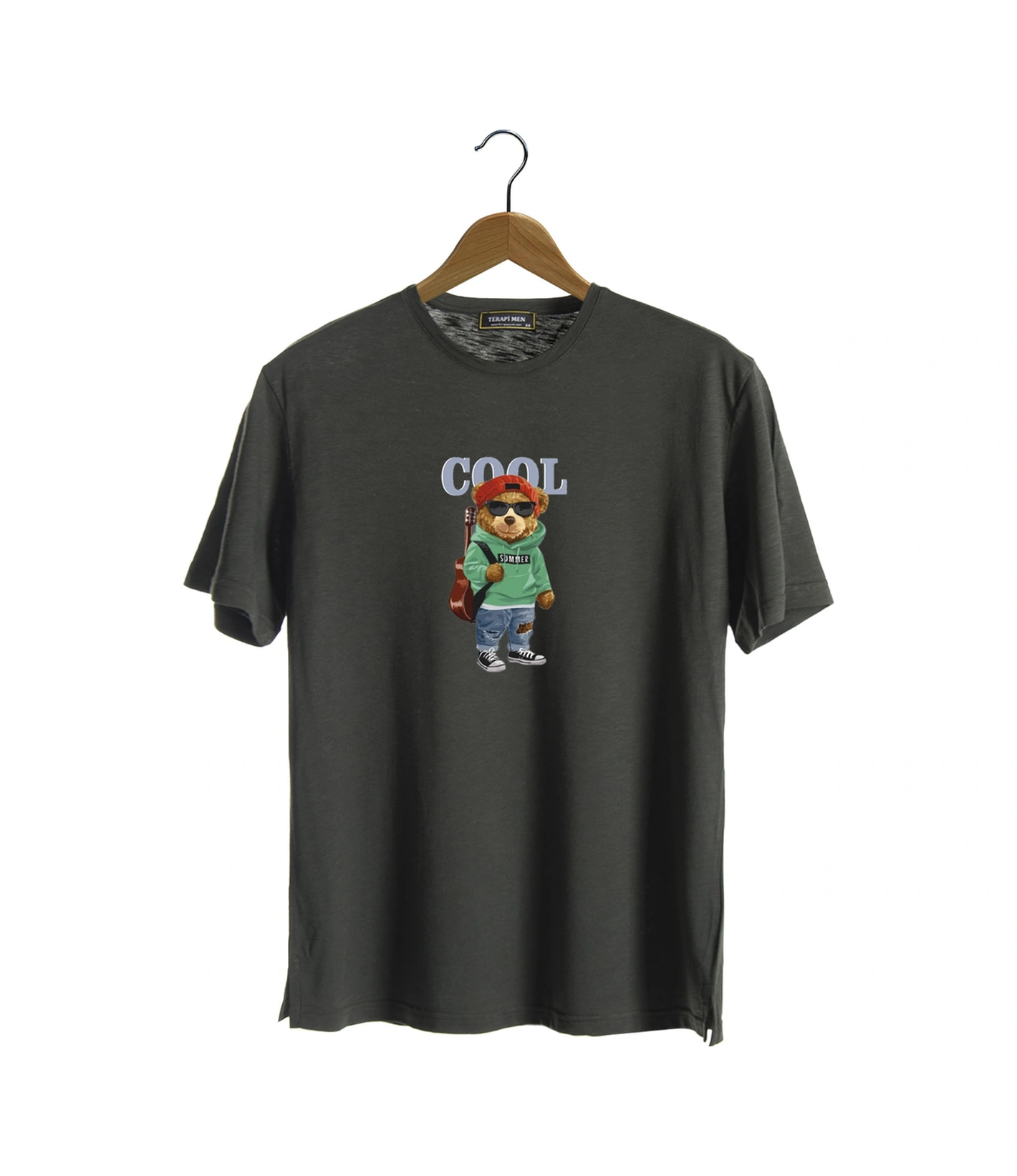 Veaven Unisex Koyu Yeşil Bisiklet Yaka Önü Cool Ayıcık Baskılı Oversize T-shirt Koyu Yeşil