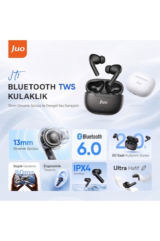 Juo Jt1 Bluetooth 6.0 Tws Kablosuz Kulak İçi Kulaklık 20 Saat Pil Ömrü 13mm Sürücü Ipx4 Siyah