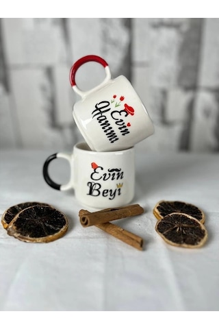 Seradag Çiftler İçin , Evin Hanımı Evin Beyi Seramik 2'li El Yapımı Çay Kave Kupa Bardak