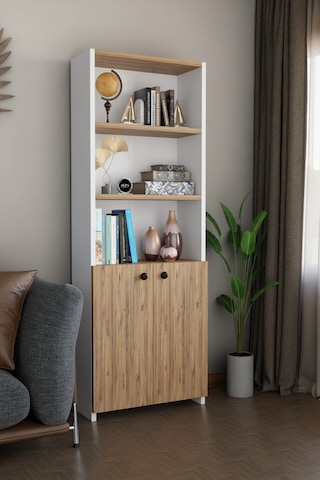Kapaklı Çok Amaçlı Salon Dolabı 150x50x22 Cm Raflı Kitaplık Dekoratif Depolama Ünitesi Atlantik Çam - Beyaz