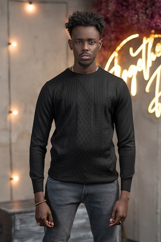 Regular Fit Yünlü Kendinden Desenli Bisiklet Yaka Triko Kazak Siyah