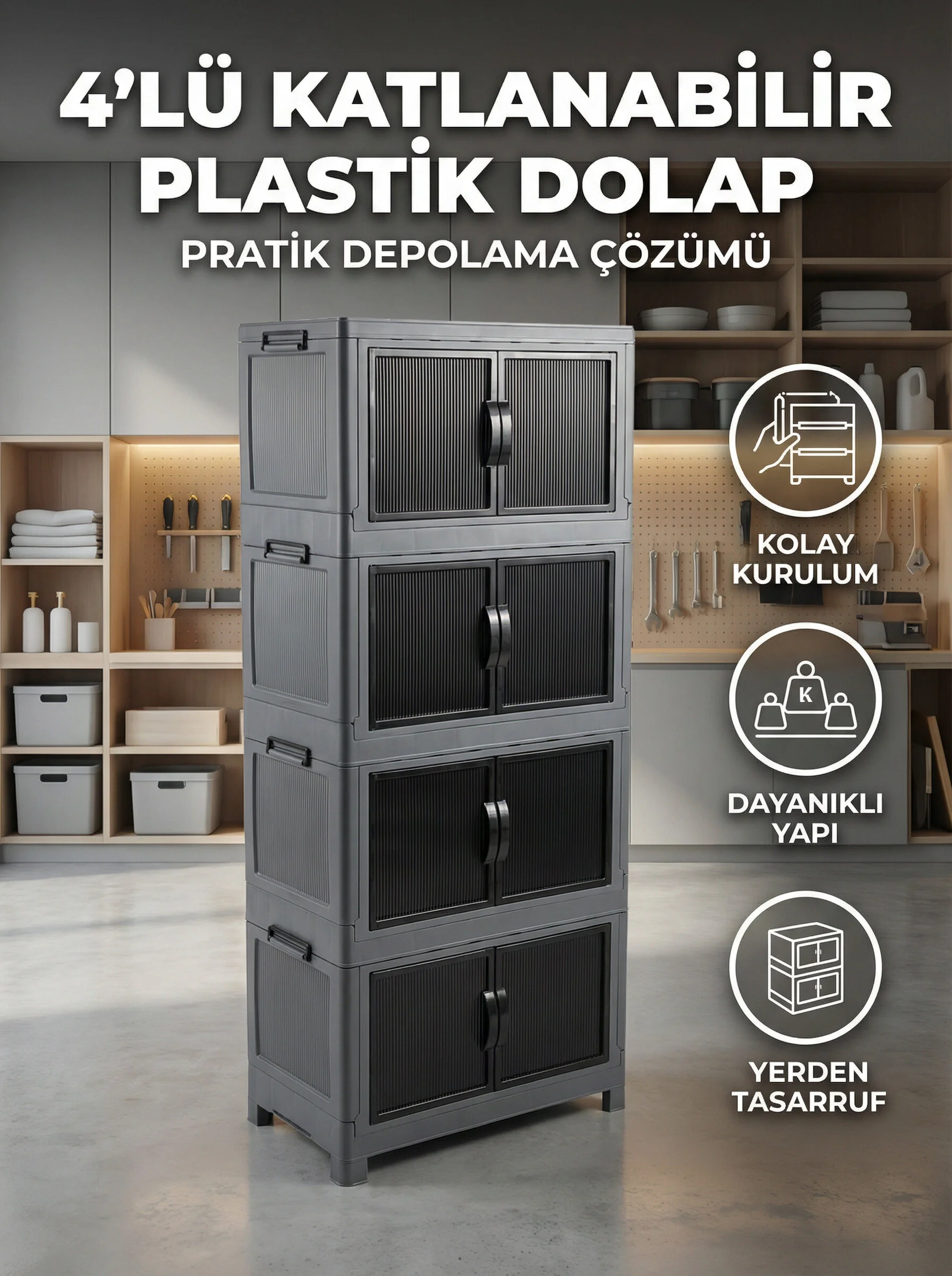 Ceritoğlu 4 Lü Katlanabilir Çok Amaçlı Plastik Dolap-kapaklı-dekoratif Ve Şık Görünüm Koyu Gri