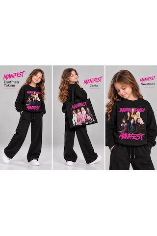 Kokoş Bebe Manifest Baskılı Çantalı 3 Lü Kız Çocuk Eşofman Takımı - 5/16 Yaş - 31976 Çok Renk