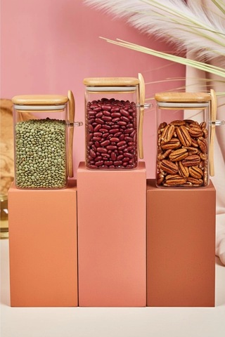 3 Lü Kaşıklı Cam Kavanoz Seti Baharatlık Saklama Kavanozu 550 Ml Çok Renkli