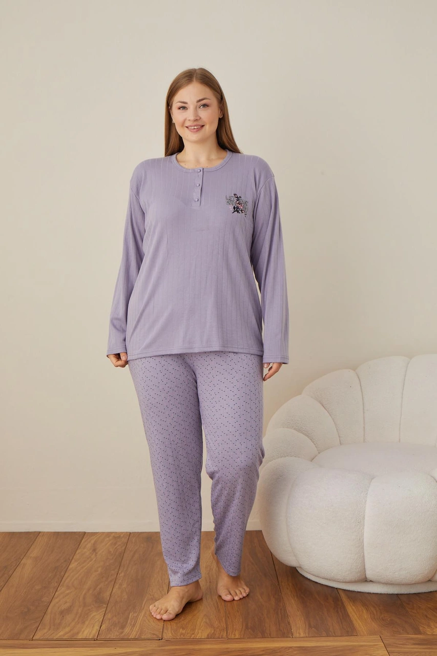 Lindros Kadın Pamuk'lu Düğme Yaka Raporlu İnterlok Kışlık Battal Pijama Takımı 05104 - 1 Adet Lila