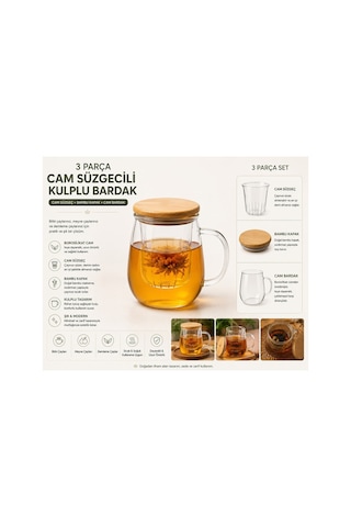 Reoona Borosilikat Cam Süzgeçli Bambu Kapaklı Kupa 350 Ml Bitki Çayı Fincanı Dr-25 Şeffaf