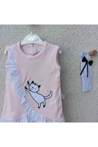 3-9 Ay Kız Bebek Badi Kedili Fırfırlı Bandanalı Pembe