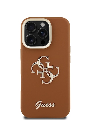 Apple Uyumlu iPhone 16 Pro Max Kılıf Guess Lisanslı Grained Yazı Logolu Kamera Standlı Kapak Kahverengi