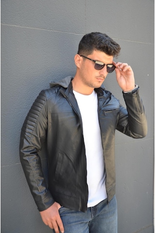Prifaldi Erkek Kapüşonlu Deri Mont Siyah(554875697)