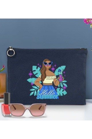 Bk Gift Yaz Temalı-3 Astarlı Lacivert Portföy Çanta 30x21cm, Baskılı El Çantası, Organizer Çanta