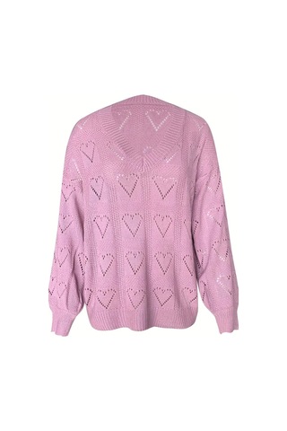 Pazarella Kadın Uzun Kollu V Yakalı Kalpli Salaş Triko Bluz Pembe