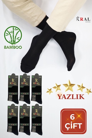Kral Socks Bambu Erkek Soket Düz Uzun Çorap Klasik Yazlık Dikişsiz 6'lı Premium Set Siyah