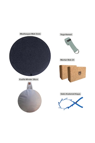 Meditasyon Ve Yoga Destek Seti - Oval Mat + Kadife Minder + Yoga Kemeri + Cork Blok 2li + Kademeli Germe Kayış Mor