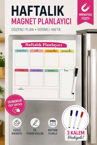 Haftalık Magnet Planlayıcı Silinebilir Mıknatıslı Yazı Tahtası 3 Adet Kalem Hediyeli 30 x 30 CM