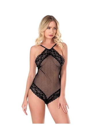 Naam Dantel İşlemeli Siyah File Tül Bodysuit Çok Renkli