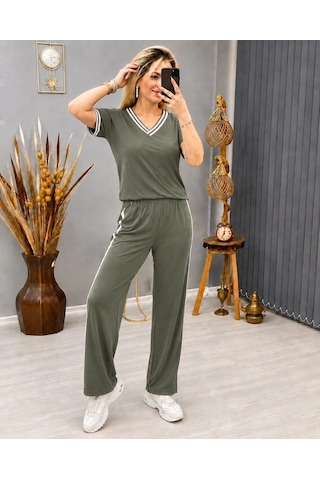 Valensdesign Kadın Kısa Kollu V Yakalı Viskon Iki Iplik Bluz Ve Pantolon Ikili Takım Haki