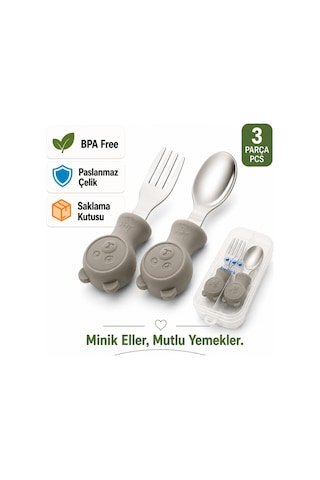 Jojobebek Kaşık Çatal Seti, Ergonomik Kısa Saplı Silikon, Paslanmaz Çelik Uçlu, Saklama Kutulu, 9-24 Ay / Gri