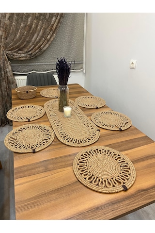 Senza Atelier 7 Parça Jüt Supla Ve Runner Seti - El Örmesi Hasır Yemek Masası Takımı Jüt Hasır