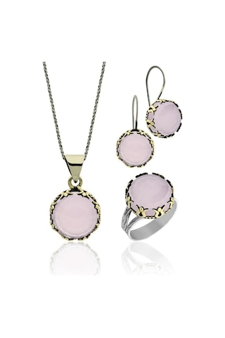 Pembe Kuvars Taşlı Lale Motifli Yuvarlak Otantik Gümüş Kadın Set Rs10022