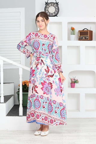 Kız Çocuk Viskon Kumaş Desenli Uzun Elbise Mavi