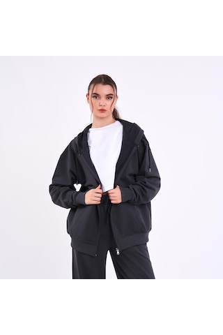 MMetalic Antrasit Kanguru Cepli Kapüşonlu Fermuarlı Oversize Kadın Sweatshirt Antrasit