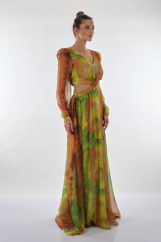 Explosion V Yaka Uzun Kol Maxi Şifon Elbise - Bohemian Stil Fıstık Yeşili