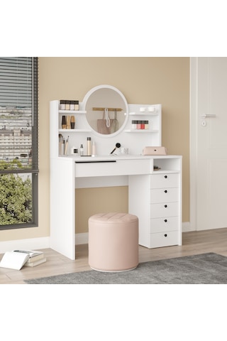 Paris Makyaj Masası Aynalı Çekmeceli Şifonyer Raf Beyaz