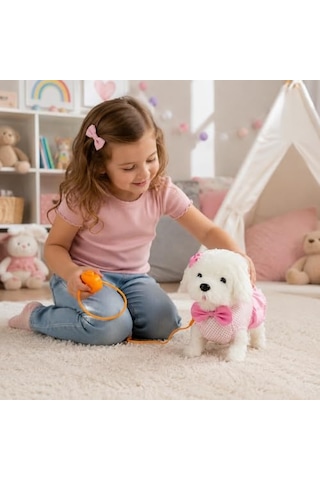 Peluş Tasmalı Yürüyen Köpek Oyuncak, Pembe Fiyonklu Sevimli Peluş Köpek, Hareketli Evcil Hayvan Oyuncağı, Çocu