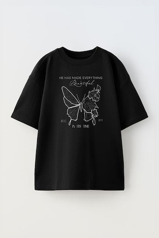 Thewert Unisex Black And White Butterfly Artwork Tasarım Baskılı Pamuk Sıyah Oversize T-shirt Siyah
