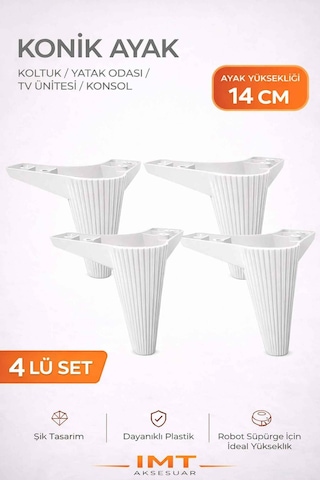İmt Aksesuar Konik 14 Cm Beyaz Mobilya 4 Adet Ayağı Robot Süpürgeye Uyumlu Koltuk Tv Ünitesi Konsol Ayağı Beyaz
