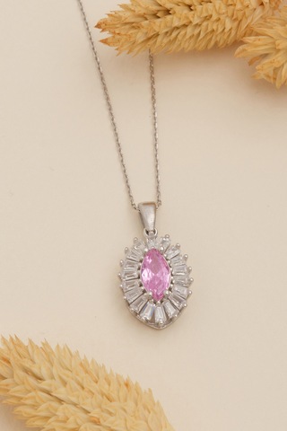Kadın Gümüş Kolye - Damla Model Pembe Zirkon Taşlı Baget Süslemeli Rodyumlu Kadın Kolye