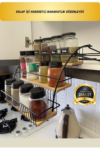 Dolap İçi Hareketli Baharatlık Düzenleyici Metal Baharatlık Stand Siyah