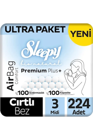 Sleepy Bio Natural Premium Plus Airbag Comfort Ultra Paket Bebek Bezi 3 Numara Midi 224 Adet