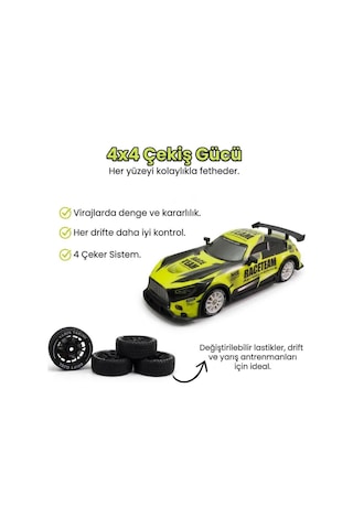 Uzaktan Kumandalı Işıklı 7 Fonksiyonlu 1:14 4 Çeker 10 Km/s Hızlı 4 Yedek Lastikli Oyuncak Drift Arabası Yeşil