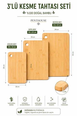 3 Lü Bambu Kesme Tahtası Seti 28x18 / 30x20 / 33x24 Cm Doğal Ahşap Kesim Panosu Açık Bej