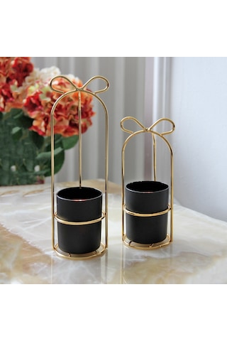 Camlı Dekoratif Metal Mumluk Fener Gold Altın Rengi 2'li